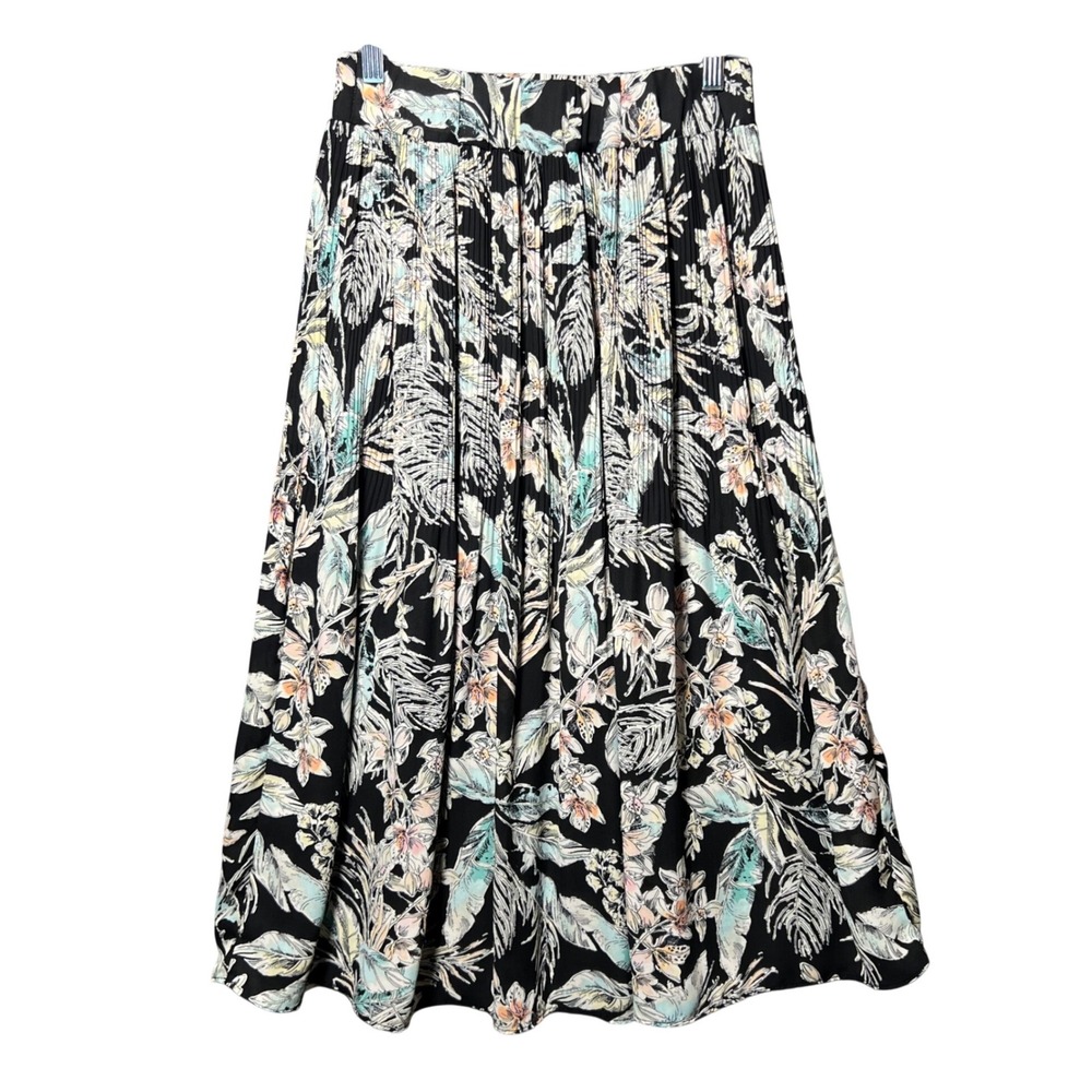 Status by Chenault Black Tropical Floral Pleated‎ Midi Skirt Womens Medium
